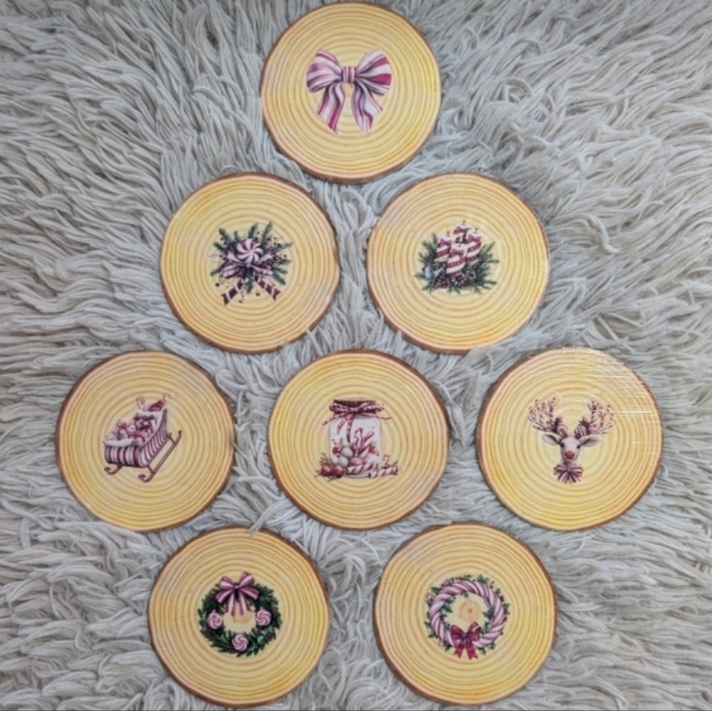 Rustic Farmhous Pinkmas Round Wooden Coaster Set 🦌 with Festive Designs, 8 Pack